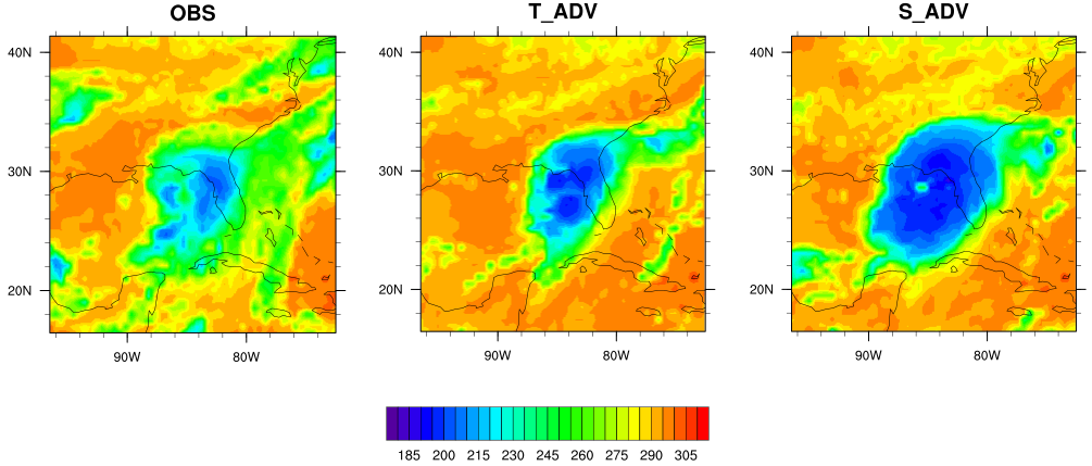 Figure 1: IR brightness temperature for Hurricane Hermine at 18Z 09/01/2016 for a) observed and 36-h forecast with b) total condensate advection and c) separate hydrometeor advection